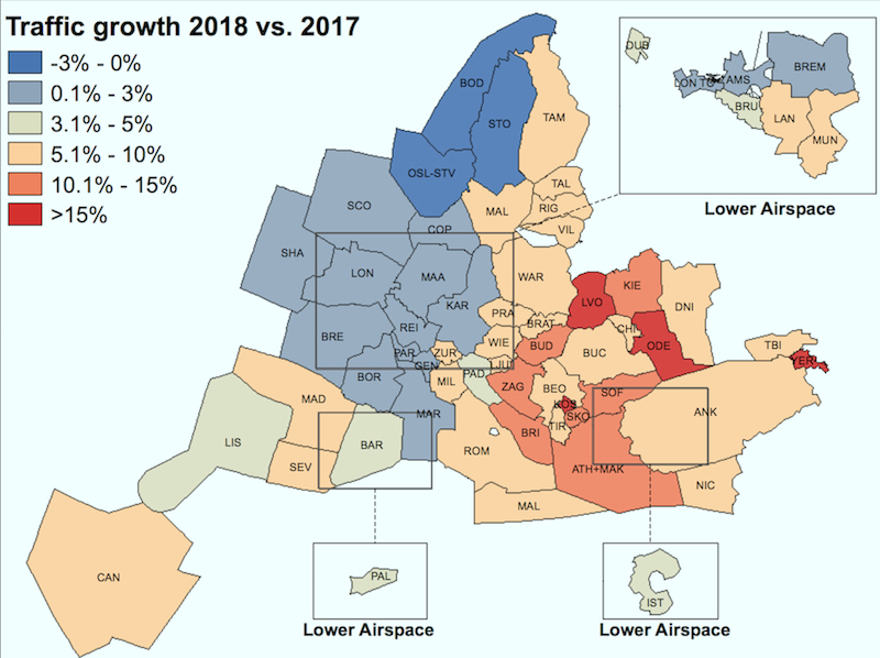 Rast letalskega prometa v Evropi v letu 2018, napram letu 2017